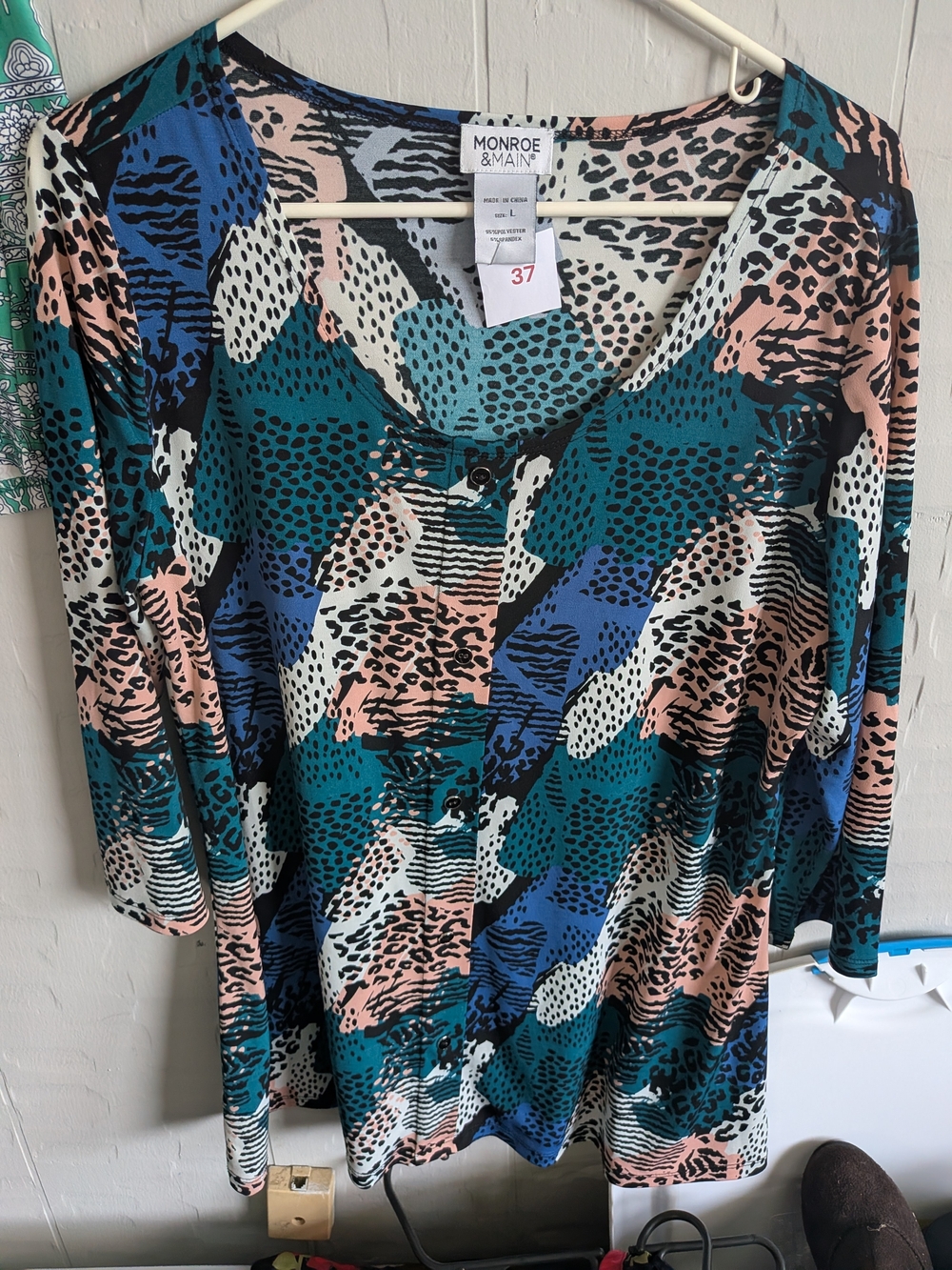 Monroe & Main Teal Multi-Print Button-Front Blouse